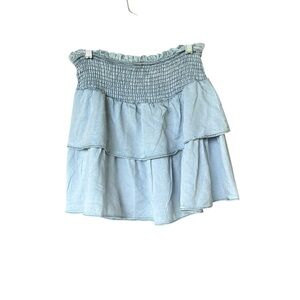 RSQ Tillys Junior Lg‎  Blue Chambray Tiered Mini Skirt Smocked Waist Ruffle Hem
